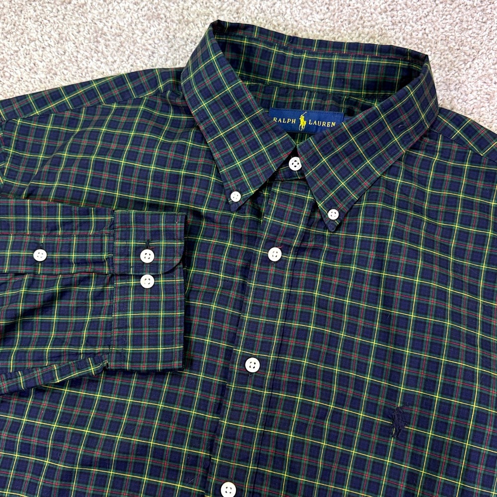 Ralph Lauren Button Down Men 18 34-35 Green Plaid Long Sleeve Classic Preppy